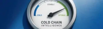 Runde Anzeige mit Skala "cold-stable-optimal" und der Aufschrift Cold Chain Intelligence