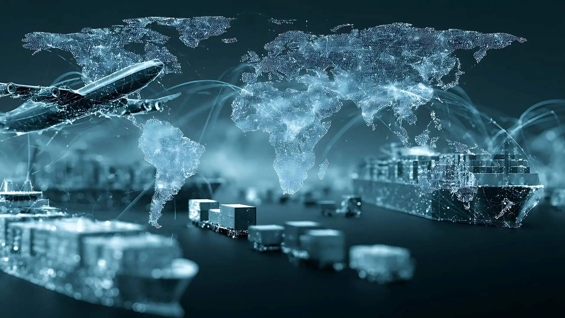 Digitalisiertes Abbild von Transportmitteln un dder Weltkarte symbolisiert Global Sourcing und Local Sourcing