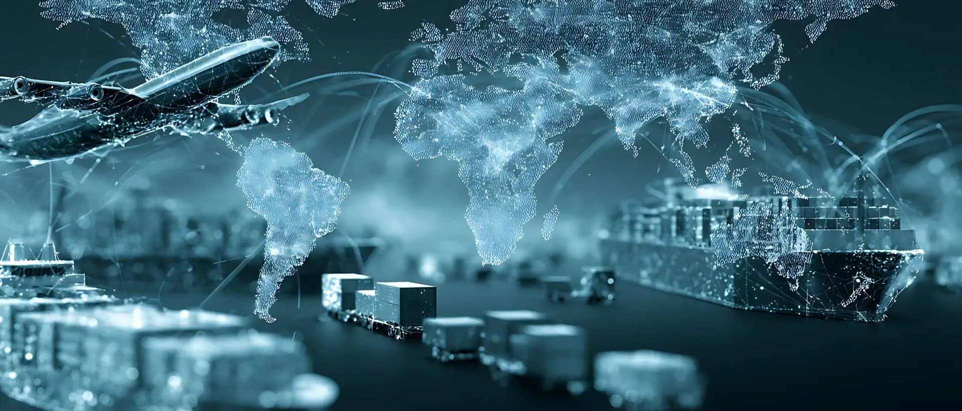 Digitalisiertes Abbild von Transportmitteln un dder Weltkarte symbolisiert Global Sourcing und Local Sourcing