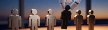 Roboterhand entfernt menschliche Holzfigur aus einer Reihe von solchen Figuren