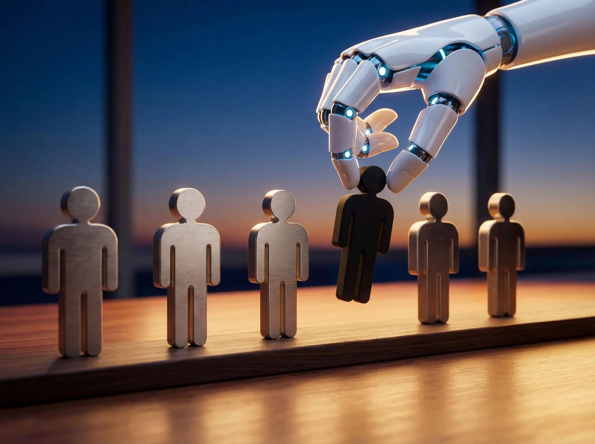 Roboterhand entfernt menschliche Holzfigur aus einer Reihe von solchen Figuren