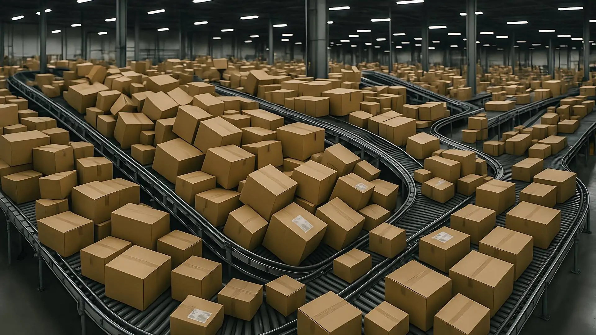 The Philosophy of the Queue – What Warehouse Bottle Necks Reveal About the Modern Economy 59 Förderbänder überhäuft mit Paketen. Stau auf Förderbändern.