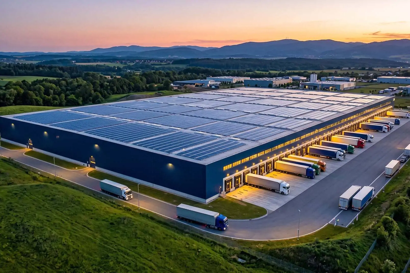 Ein modernes Logistiklager in der Abenddämmerung, mit Solarmodulen und Lastkraftwagen mit Sattelaufliegern. Beispielbild zu dem Container