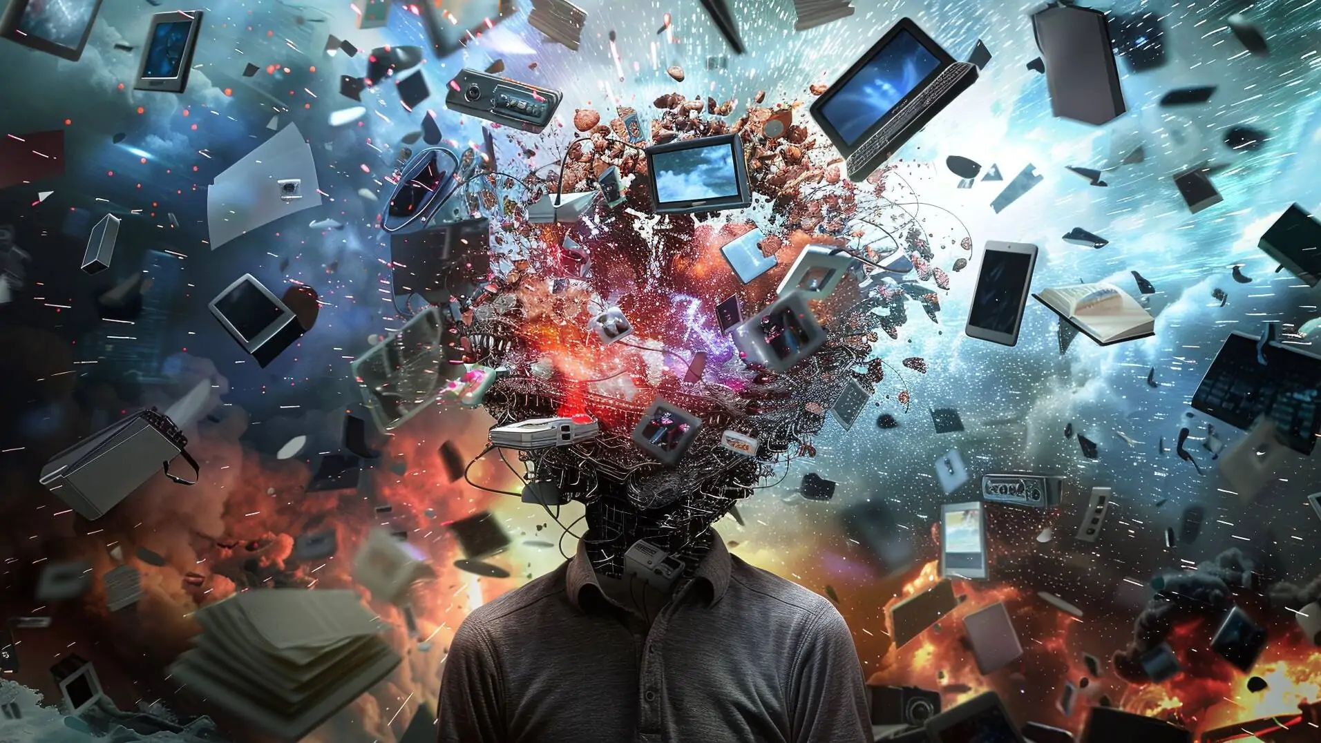 excessive media bombardment leads to explosion of information data in young human brain, maximalism, news, social media addiction - symbolizes information overload and cognitive ergonomics