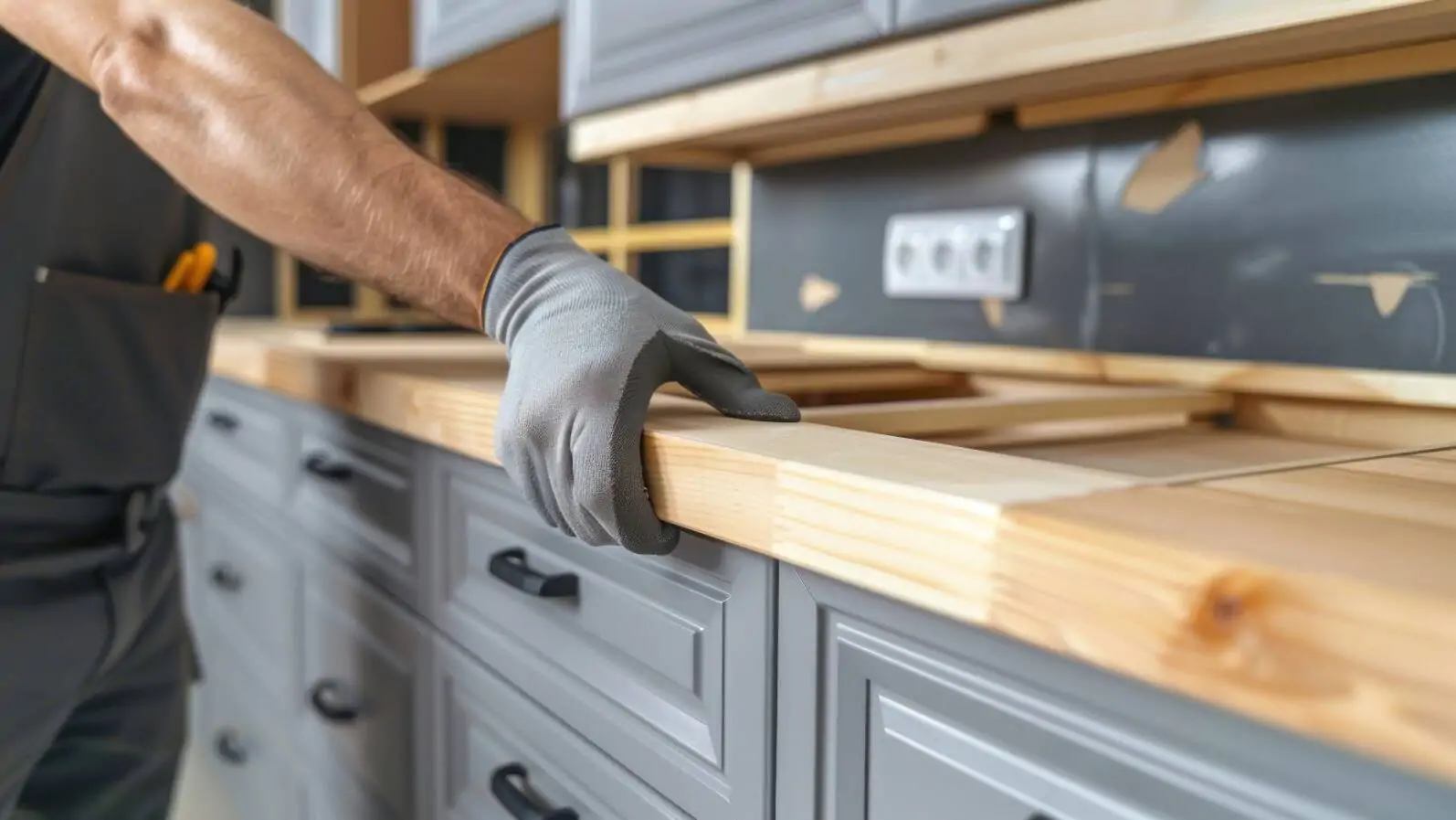 Handwerker montiert eine Küchenarbeitsplatte aus Holz