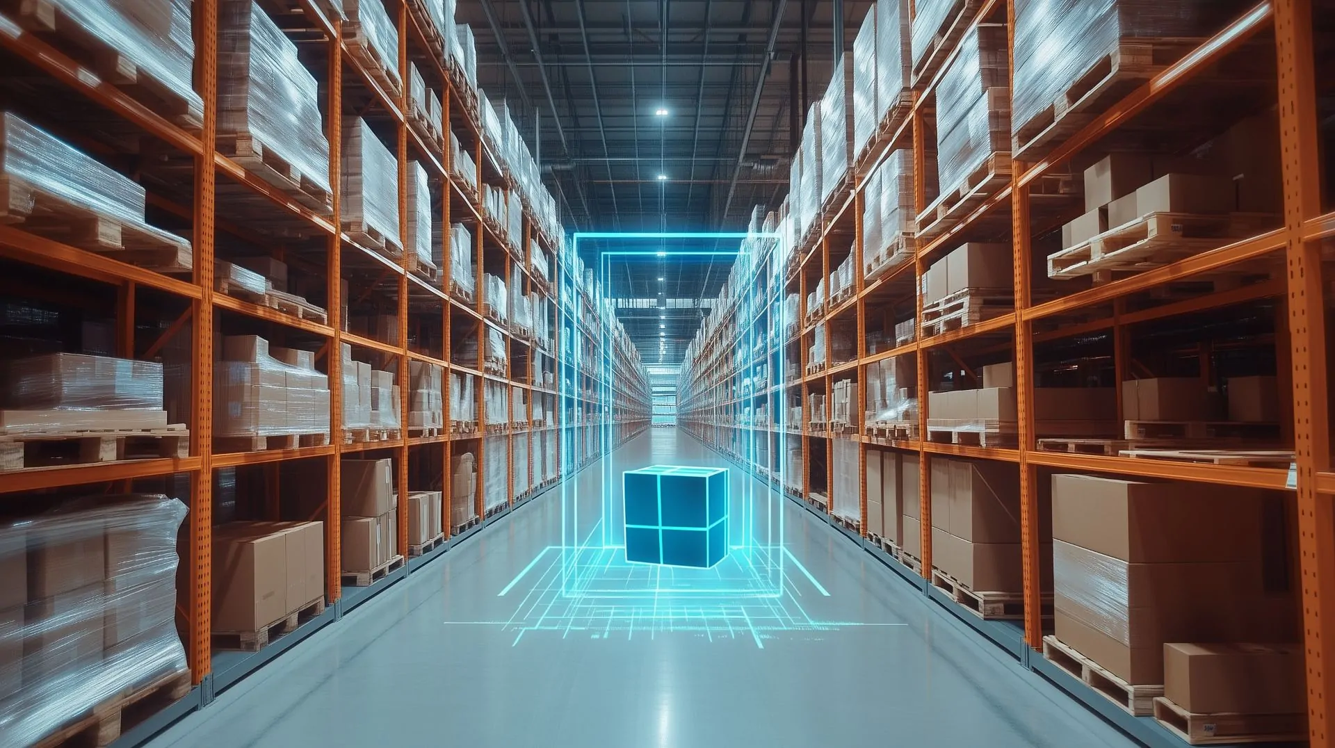Digitalisierter Kubus in Gang zwischen Regalen im Lager symbolisiert Retrofit in der Intralogistik