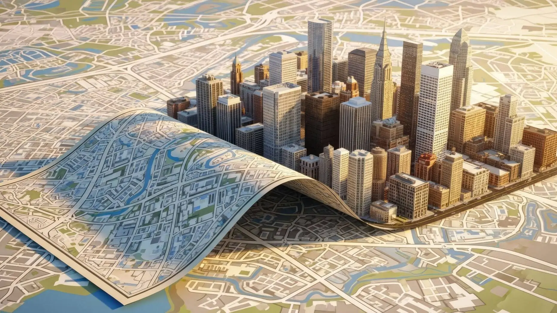 Gewölbter Stadtplan mit Wolkenkratzern auf einem größeren Stadtplan soll urbane Logistik symbolisieren
