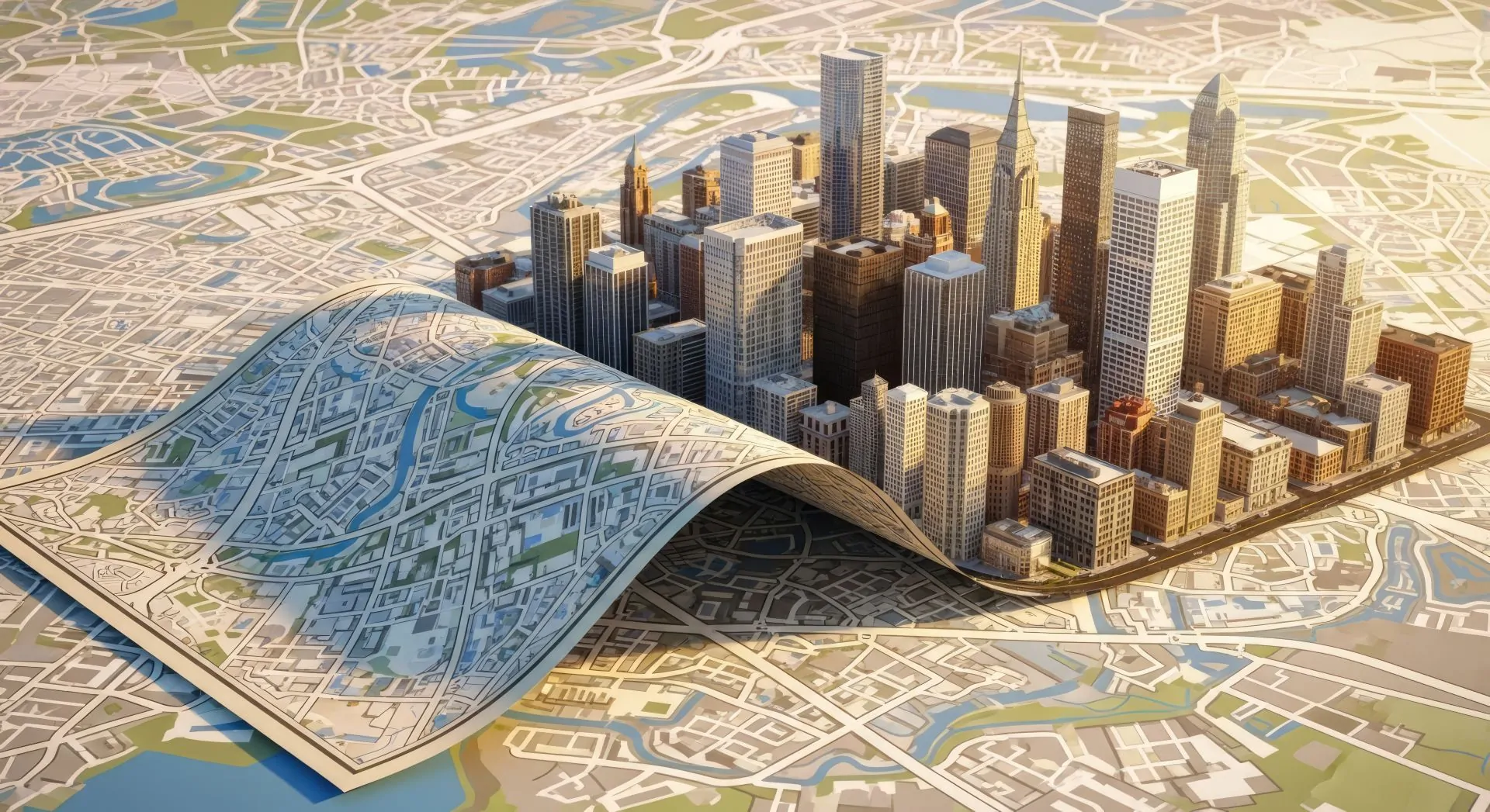 Gewölbter Stadtplan mit Wolkenkratzern auf einem größeren Stadtplan soll urbane Logistik symbolisieren