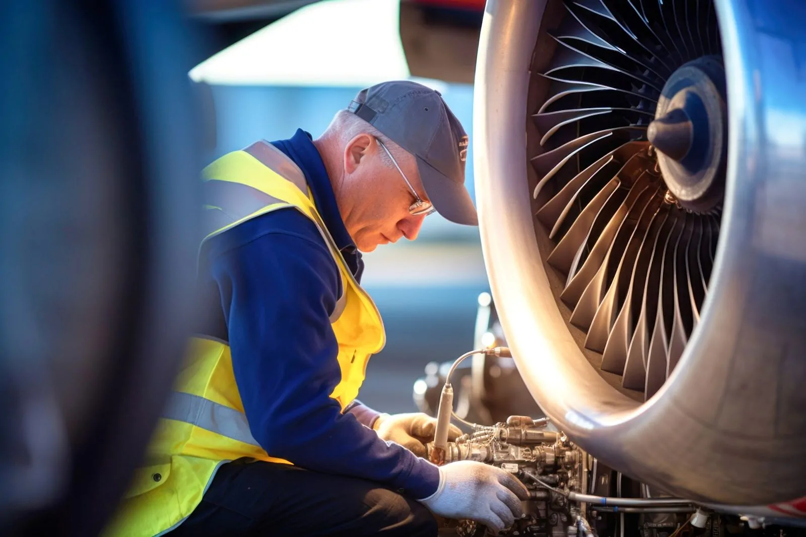 Flugzeugtechniker in Warnweste und Handschuhen prüft ein Triebwerk am Boden.