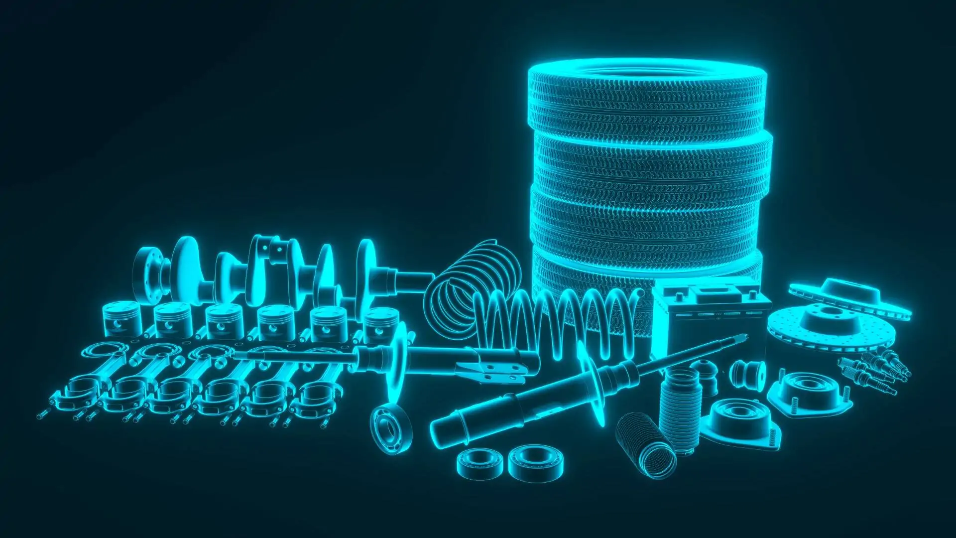 Autoersatzteile in Blau vor schwarzem Hintergrund symbolisieren Automotive Aftermarket