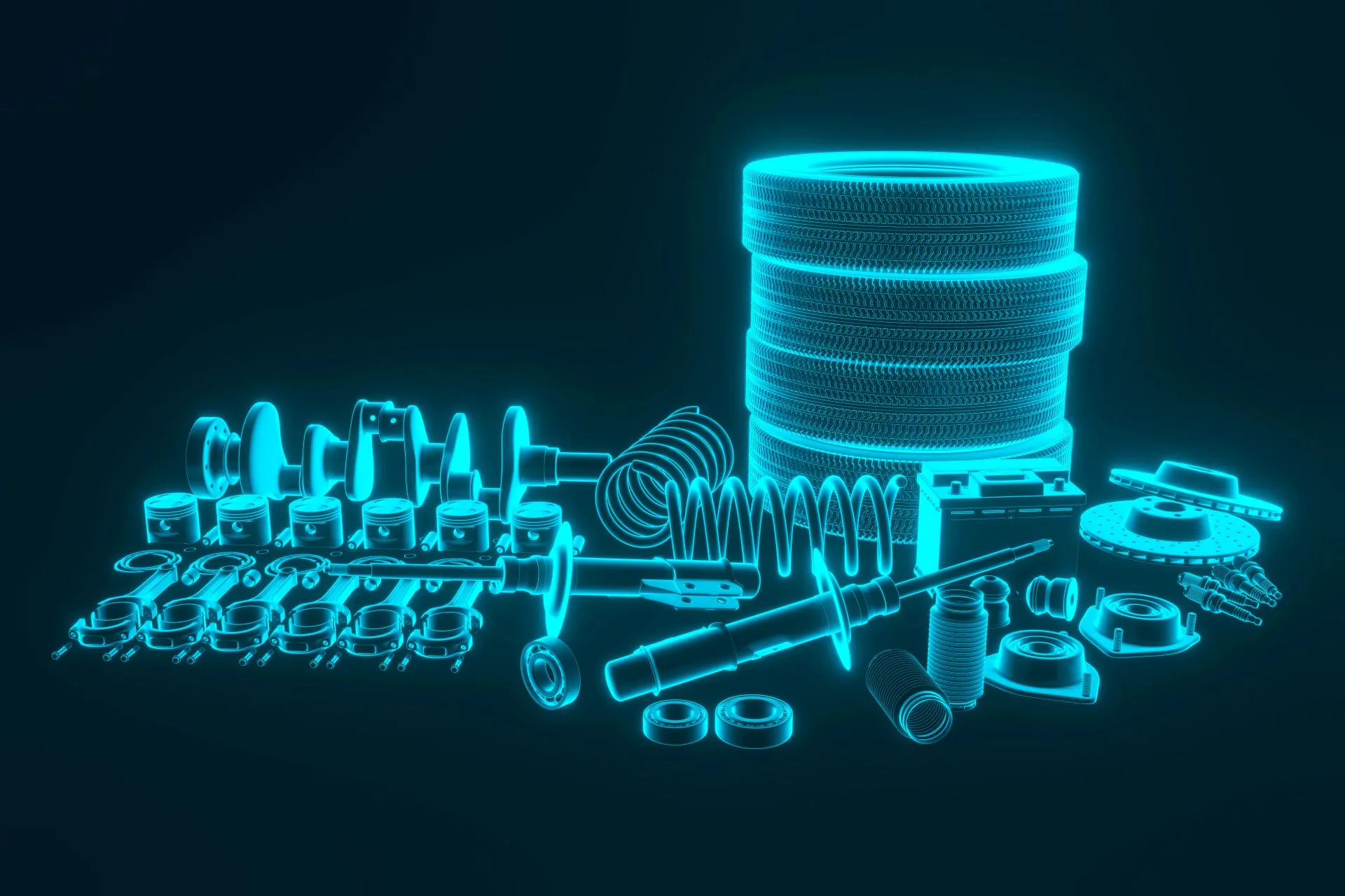 Autoersatzteile in Blau vor schwarzem Hintergrund symbolisieren Automotive Aftermarket