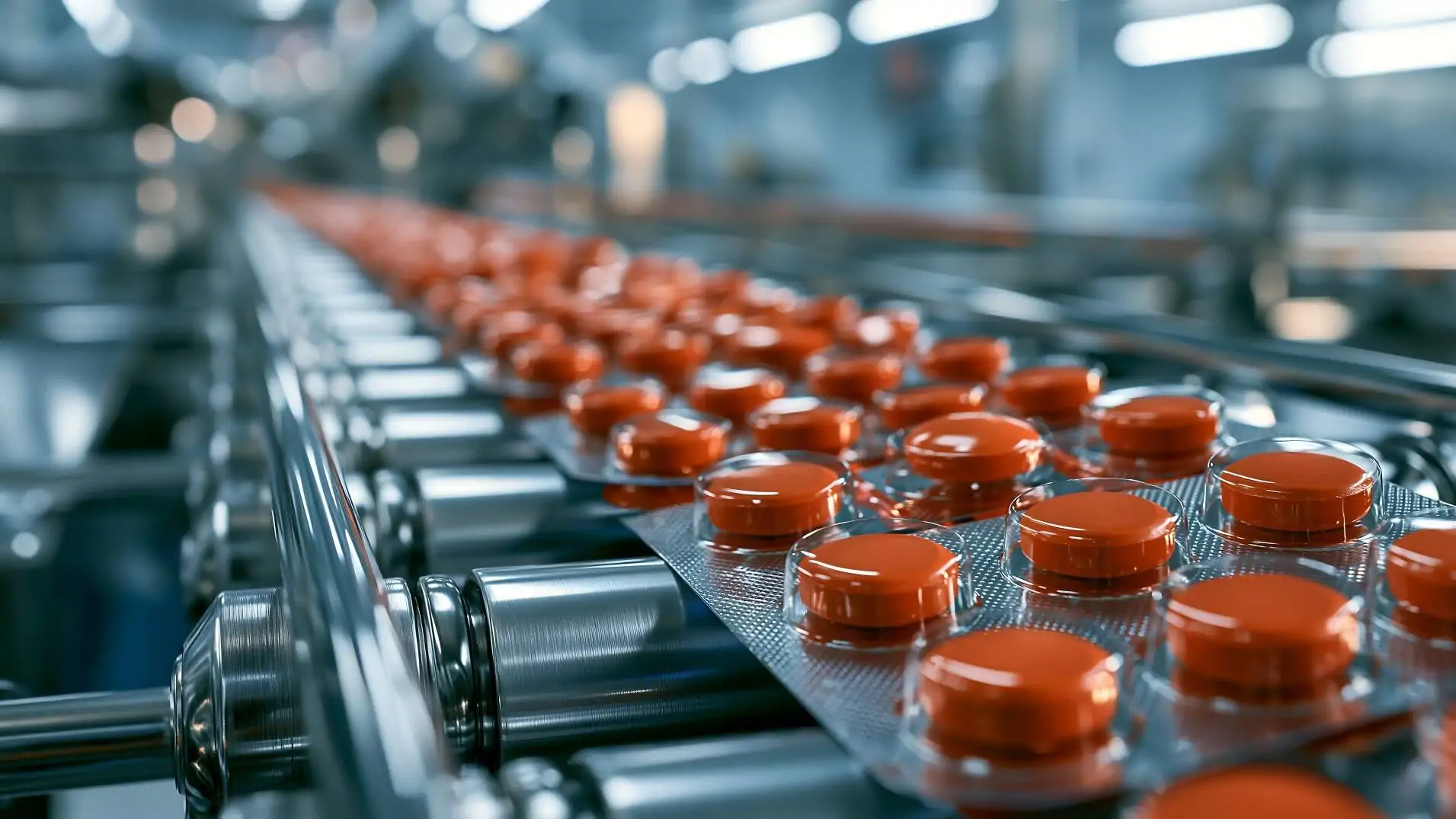 Blister auf Rollenförderer steht für Intralogistik in der Pharmaindustrie