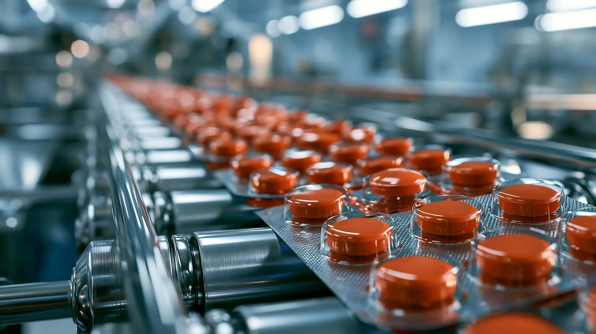 Blister auf Rollenförderer steht für Intralogistik in der Pharmaindustrie